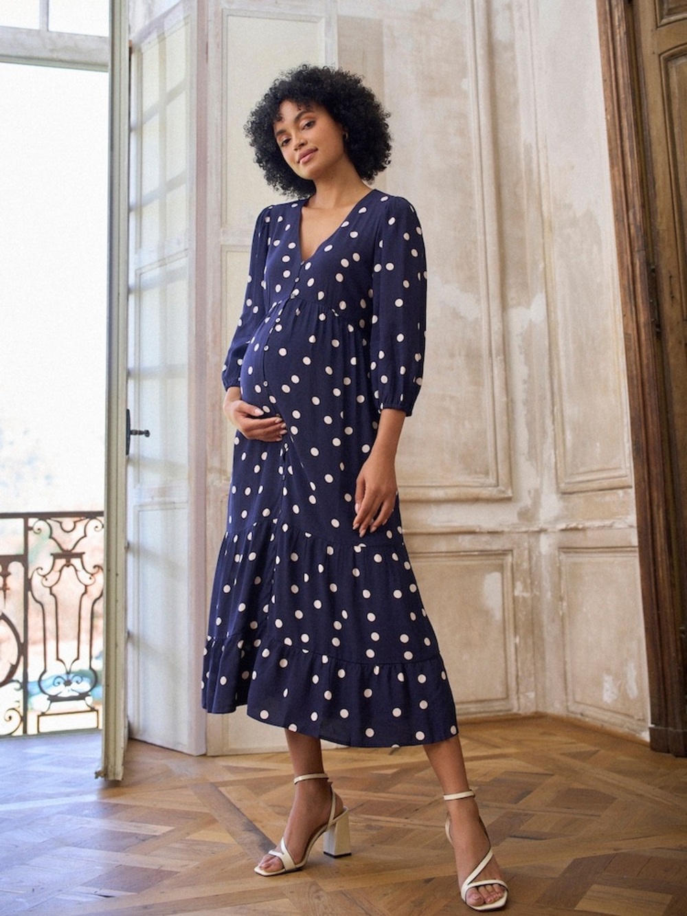 Seraphine Navy & White Polka Dot maternity Midi Dress